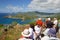 West Indies, Caribbean, Antigua, View of English Harbour from Shirley Heights & Tourists