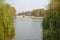 West Lake Xi Hu in Hangzhou, Zhejiang Province, China with willow trees. Taking a boat on West Lake.