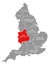 West Midlands red highlighted in map of England UK