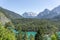 West side view of snowy Zugspitze from Fernpass Austria Blindsee lake