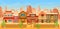 Western American town in desert landscape, cartoon scenery with old houses, home, bar saloon or bank