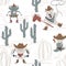 Western animal baby seamless pattern. Wild west bunny, mouse, bear, frog with hat, boot, gun