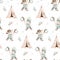 Western baby boy cowboy seamless pattern and teepee tent watercolor illustration. Cartoon and American tribes teepee nurseru