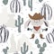 Western bunny baby seamless pattern. Wild west rabbit with hat, boot, gun.