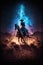 Western Cowboy riding his horse at night under the milky way galaxy