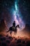 Western Cowboy riding his horse at night under the milky way galaxy