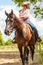 Western cowgirl woman riding horse. Sport activity