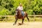 Western cowgirl woman riding horse. Sport activity