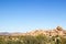 Western desert landscape with green brush in the foreground and rock formations and mountains in the background