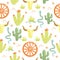 Western desert seamless pattern illustration. Wild West desert with cow skull, wheel and cactuses and snakes. Vector tender style