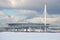 Western high-speed diameter and the football stadium `Zenit Arena`, sunny day in February. View from the Finnish Gulf