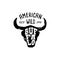 Western Logo Skull Buffalo head Draw Grunge style. Wild West symbol sing of a cow`s Horns and Retro Typography