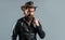 Western man in leather jacket. mature bearded man. confidence and charisma. handsome man wear cowboy hat. male beauty