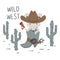 Western mouse baby cute print. Wild west animal with hat, boot, gun.