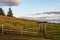 Western pasture scene with wood fence and log entryway with metal gate, evening light, horses, Eastern Washington state, USA