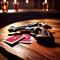Western revolver and poker cards over a wooden table inside a vintage saloon. warm peaceful light