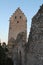 Western side of restored early gothic shelter tower of castle Topolcany, Slovakia.