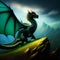 Western style dragon standing on a cliff with wings open and green scale