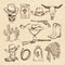 Western symbols. Cowboy, guns, saloon and other wild west pictures set. Vector hand drawn pictures