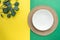 Western table setting with traditional table mat and dinnerware with green and yellow background.