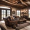 A Western-themed den with leather sofas, cowhide rugs, horseshoe decor, and rustic wooden accents1