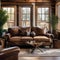 A Western-themed den with leather sofas, cowhide rugs, horseshoe decor, and rustic wooden accents2