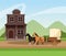 Western town design with horses carriage and wooden building over landscape background