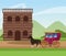 Western town design with horses classic carriage and wooden building