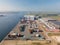 Westzaan, 9th of October 2021, The Netherlands. Container docking and logistics facility Aerial drone view along the