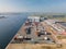 Westzaan, 9th of October 2021, The Netherlands. Container docking and logistics facility Aerial drone view along the