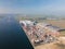 Westzaan, 9th of October 2021, The Netherlands. Container docking and logistics facility Aerial drone view along the