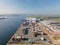Westzaan, 9th of October 2021, The Netherlands. Container docking and logistics facility Aerial drone view along the