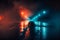 Wet asphalt, reflection of neon lights, a searchlight, smoke. Abstract light in a dark empty street with smoke ai generated