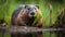 Wet beaver eating nutria on pond reflection generated by AI