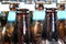 Wet beer bottles close up