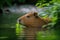 Wet Capybara relaxing by the riverbank with green leaf, generative AI