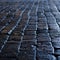 Wet cobblestones with blue reflected light at night