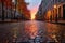 wet cobblestones reflecting warm sunrise colors