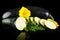 Wet courgettes cut into slices with flower and leaf on black