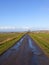 A wet farm track through patchwork fields in winter