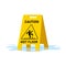 Wet floor caution sign and water puddle isolated on white background, Public warning yellow symbol clipart. Slippery