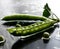 Wet green peas on table bean pea macro close up vegetable rain light