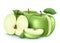 Wet Green Ripe Fresh Apples Sliced and Whole 3D Realistic with Water drops