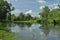 Wet meadow and riparian forest oxbow lake. Vistula Valley. Spring,
