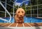 Wet Miniature goldendoodle stand in salt water swimming pool looking at the camera