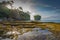 Wet mossy rock formations in Karang Bokor Sawarna in Indonesia under blue cloudy sky