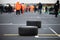 Wet race concept, motorsport car rain tires asphalt circuit starting line grid selective focus