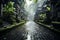 Wet Road After Rain with Hindu Temple Building as Religious Cultural Symbol in Bali Indonesia