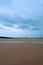 Wet sandy beach and forest in the distance, Northern Sea, Holkham beach, United Kingdom