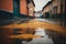 wet street with corn on the pavement and buildings on either side